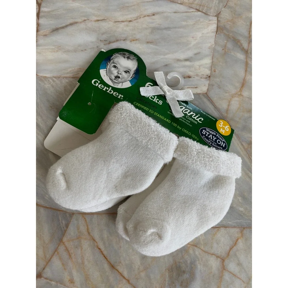 Gerber Baby Socks 3-6M White Organic Cotton Wiggle Proof Stay On Booties NEW